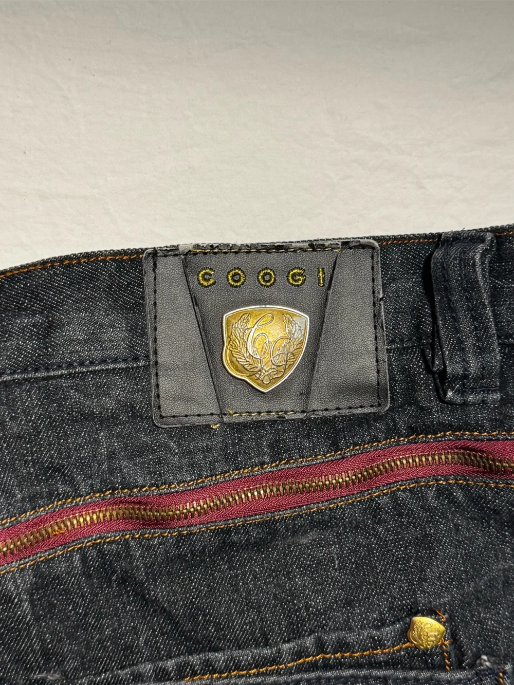 COOGI Black Denim Jeans with Red & Gold Embroidered Back 42x 16 1/2